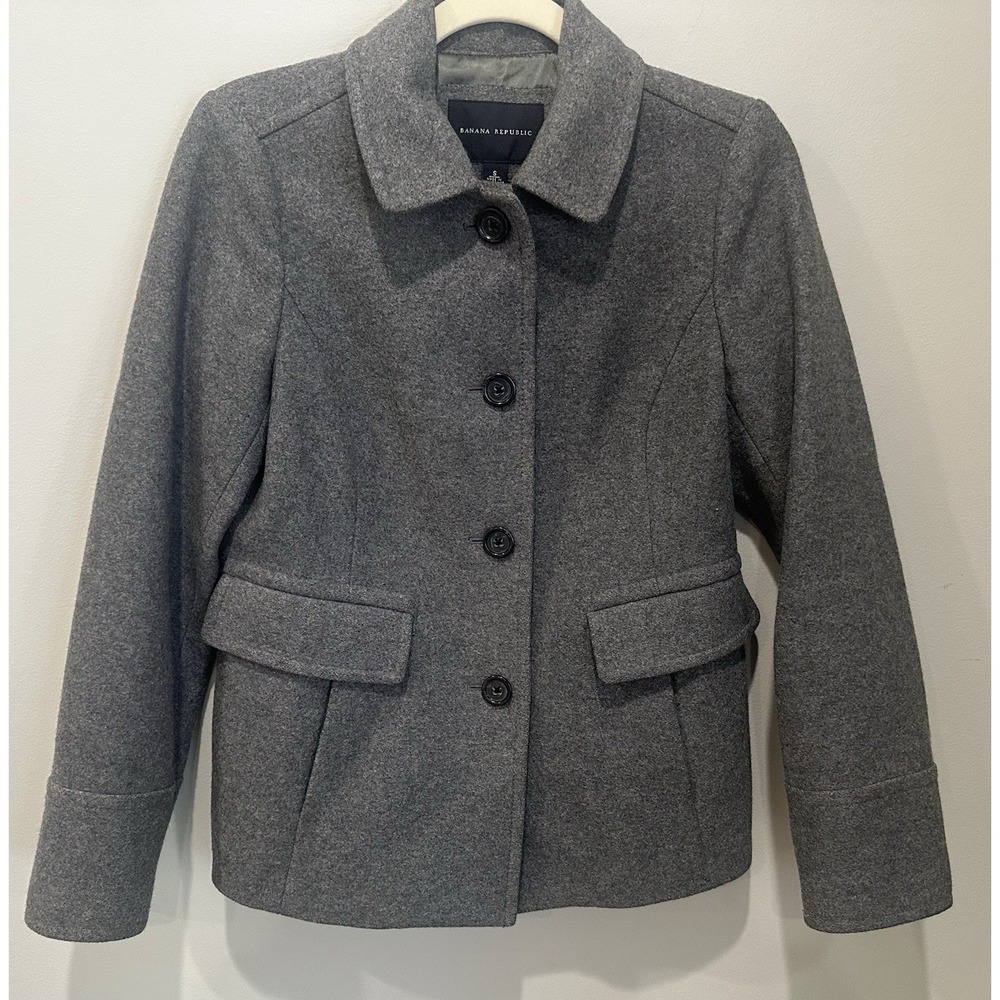 Banana Republic Women's Small Gray Wool Blend Peacoat Jacket Button Front EUC